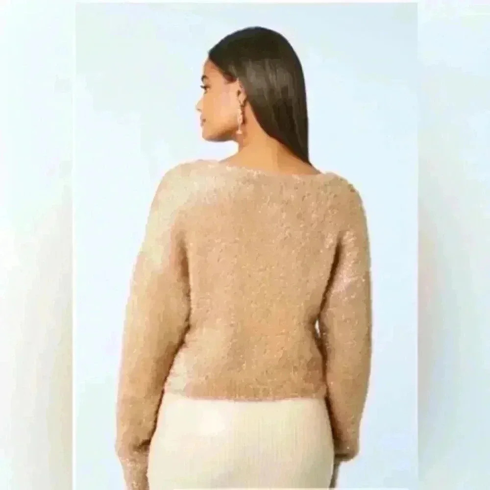 NWOT Forever 21 Metallic Knit‎ Crop Cardigan Women's Size Medium Tan Sparkle - Picture 2 of 9